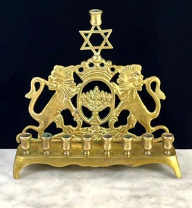 Antique Brass Hanukkah Chanukah Menorah Lions Of Judah Judaica - Picture 1 of 15