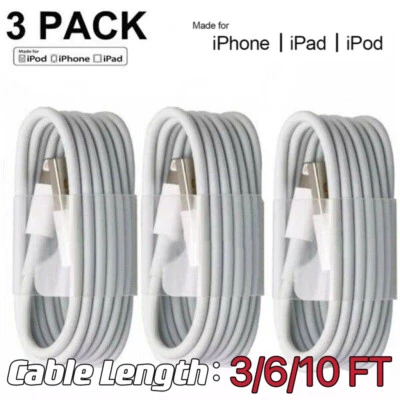 3-Pcs 6FT/10FTUSB Charger Cable Cord For Apple iPhone 7 8 X XR 11 12 13 Pro Max - Image 1 of 3
