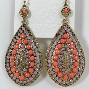 Jessica Simpson Bead Crystal Teardrop Earrings Gold Tone Coral Pink Boho Gypsy - Picture 1 of 6
