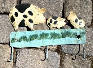Three Pigs Hanging Hooks Hand Painted Metal Wall Decor Farm Country 15"x12" - Picture 1 of 6