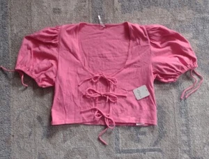 Free People Shirt Lace Up Front Crop Top Short Sleeve Womens XS Pink Barbie - Picture 1 of 8