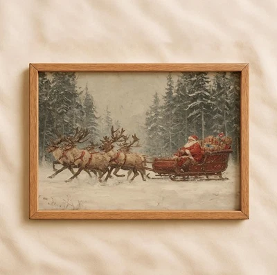 Vintage Santa Sleigh Printable Christmas Wall Art Rustic Reindeer Decor - Image 1 of 4