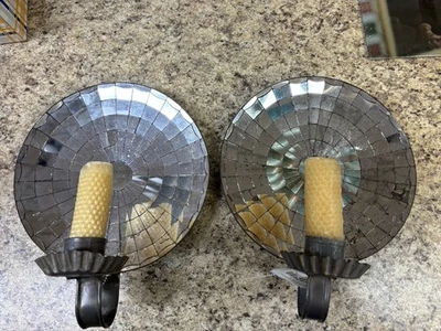 Par de apliques reflectores de velas de pared de estaño espejado con mosaico de 19c Foto 1 de 4