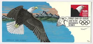 US 1991 EAGLE & OLYMPIC RINGS $9.95 FDC HAND PRINTED CACHET & AUTOGRAPHED - Picture 1 of 2