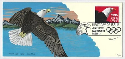 US 1991 EAGLE & OLYMPIC RINGS $9.95 FDC HAND PRINTED CACHET & AUTOGRAPHED - Image 1 of 2