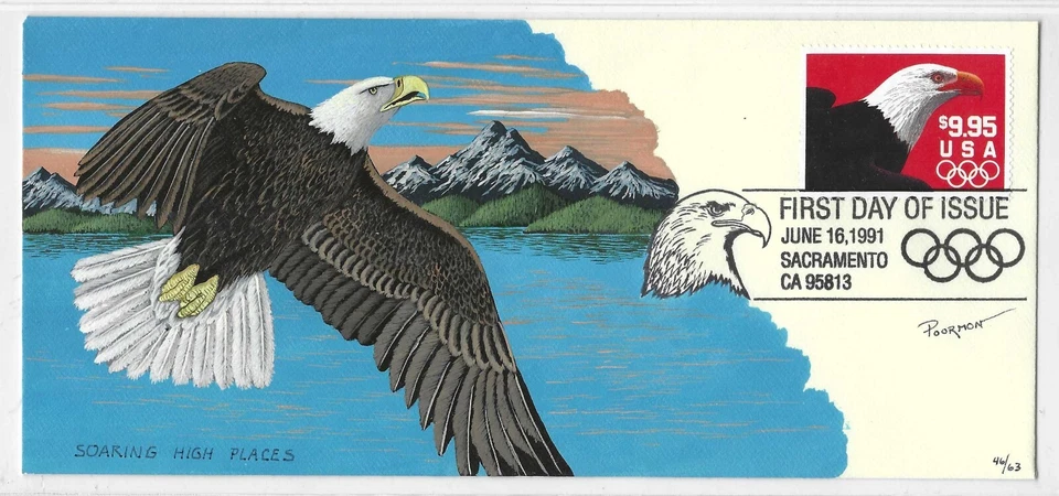 US 1991 EAGLE & OLYMPIC RINGS $9.95 FDC HAND PRINTED CACHET & AUTOGRAPHED - Image 1 of 2