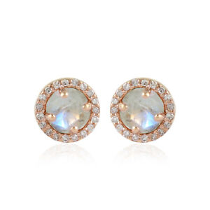 Rainbow Moonstone Stud Earrings For Women 14k Yellow Gold Pave Diamond Jewelry