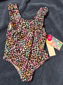 NWT PINK PLATINUM girl's Swimsuit 1 Piece pink/black/yellow/white ruffles sz.4T - Picture 1 of 3