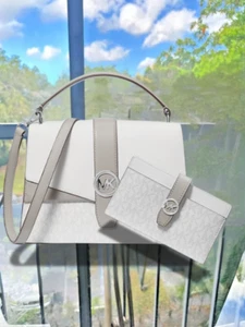 Michael Kors Greenwich Women MD Satchel Bag & Bifold CZ Wallet Set (Optic White) - Picture 1 of 13