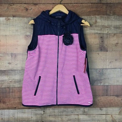 Tommy Hilfiger 女式全拉链背心 Puffer 连帽衫粉色条纹蓝色 L 码全新! — 第 1/4 张图片
