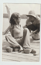 Coupled photo Lovely Affectionate Man Woman Barefoot sitting pier VTG