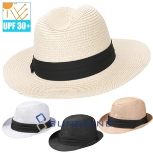 Unisex Summer Straw Fedora Hat Trilby Cuban Sun Cap Panama Short Brim Floral Hat - Picture 1 of 37