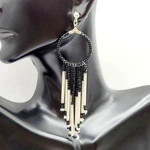 Southwestern Style Beaded Hoop w Glass Bead Fringe Pierced Vintage Earrings - Picture 1 of 24