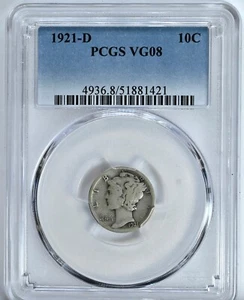 1921-D Mercury Dime PCGS Graded Coin VG08 Nice Original Coin Key Date 4936 #21 - Picture 1 of 2