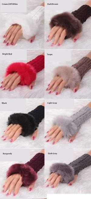 Faux Fur Trim Fingerless Acrylic Sweater Knit Gloves/Hand Warmers *6 Colors* OS - Image 1 of 1