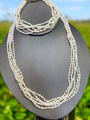Vintage white Freshwater rice ￼pearl 6 Strand Wedding Necklace Bracelet Set 18” - Image 1 of 4