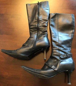 Italian Women's Leather Boots Size 37 Ca 42cm High Black High Heel Pointed - Picture 1 of 12