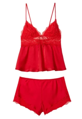 $70 VICTORIA'S SECRET CONJUNTO DE PIJAMA ELÁSTICO DE ENCAJE Y SATÉN PARA DORMIR CAMI TOP SHORTS XL Foto 1 de 3