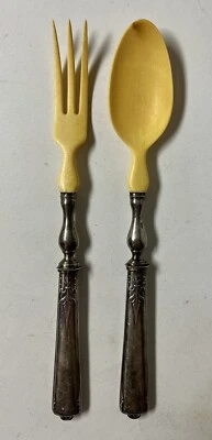 Antiguo tenedor y cuchara para ensalada francés de cuerno de plata juego para servir Minerve Foto 1 de 4
