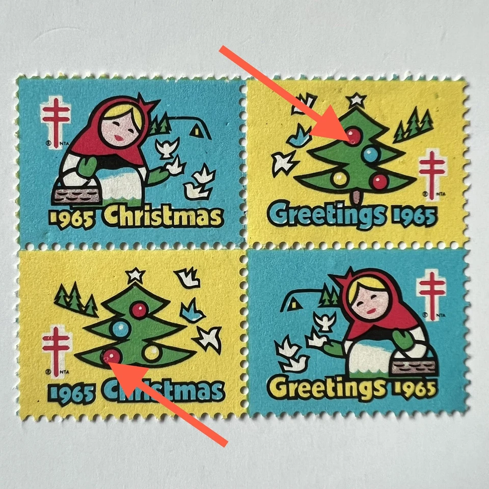 ERROR 1965 CHRISTMAS SEAL BLOCK WITH EXTRA CIRCLES IN TREE ORNAMENTS MNH - Image 1 of 4