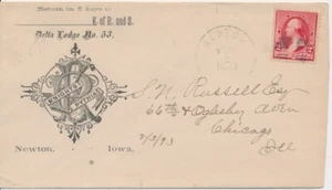 Knights of Pythias Delta Lodge No. 53 Newton Iowa 1893 Train late cancel back - Picture 1 of 2