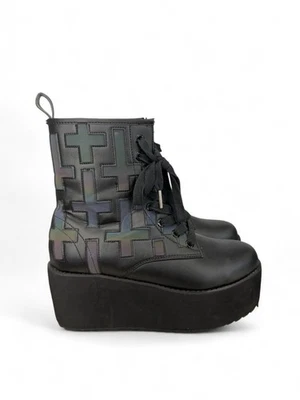 Women’s Black Cross Platform Boots Iridescent Pattern Lace-Up Gothic Bold Size 9 - Image 1 of 4