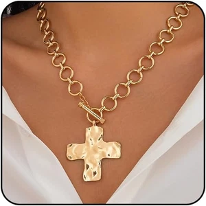 Chunky Gold Necklace for Women Trendy Chunky Cross Necklace for Women Gold State - Picture 1 of 12