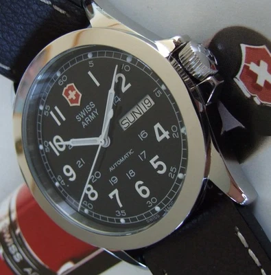 NOS SWISS ARMY~Men RARE INFANTRY Day/Date Polished 25J AUTOMATIC~Leather~DISPLAY - Image 1 of 4