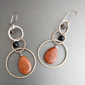 Sterling Silver 3 Graduated Textured Open Round Earrings Stone Beads Boho 2.75” - Picture 1 of 4