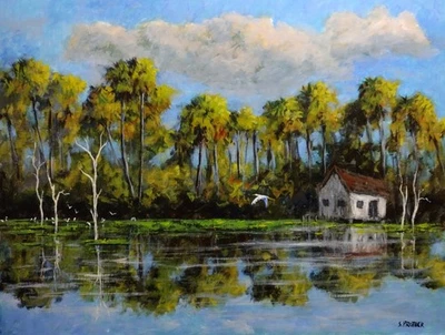 Pintura de paisagem tropical da Flórida 18x24 pelo artista Stan Prather frete grátis rápido - Imagem 1 de 3