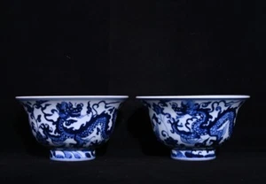 A Pair Rare Collectable Hand Painting Blue&white Porcelain Dragon Bowl - Picture 1 of 9