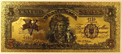 Play Money 1899 INDIAN CHIEF $5 FIVE DOLLAR BILL Reproduction Currency ON SALE! - Image 1 of 2