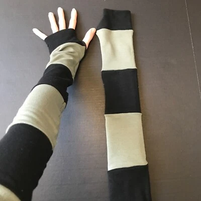 Long Striped Gloves Army Green Hand Warmers Black Armwarmers Patchwork Sleeves - Image 1 of 4