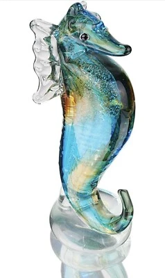QFkris Handmade Glass Blue Seahorse Collectible Art Glass Blown Animal (g8)