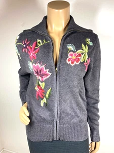 Tiara International Zip Up Cardigan Gray With Floral Embroidery Size S/M - Picture 1 of 10