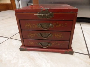 Chinese Oriental Red Flower Birds Rectangular Jewelry Box Vanity Mirror - Picture 1 of 14