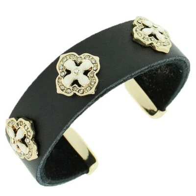 Brazalete Brazalete Mujer Cuero Negro Tono Oro Amarillo Cristales Blancos Extremo Abierto Foto 1 de 3