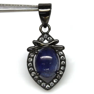 Pendente Minimalista In Zaffiro Blu E Zircone In Argento Sterling 925 6 X 7 Mm - Foto 1 di 4
