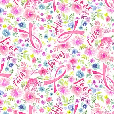 Fabric Breast Cancer Pink Ribbon Floral TIMELESS TREASURE Cotton 1/4 Yard C7197 - Image 1 of 4