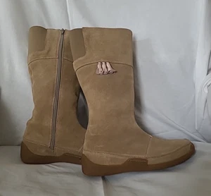 Clarks Beige Suede Calf Length Boots UK Size 4.5 Elasticated Calf VGC - Picture 1 of 15