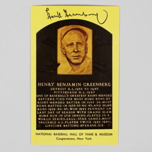Hank Greenberg Signed Yellow Hall Of Fame Plaque Postcard HOF COA JSA - Picture 1 of 3