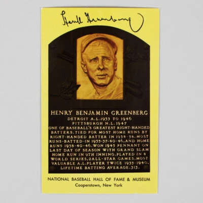 Hank Greenberg Signed Yellow Hall Of Fame Plaque Postcard HOF COA JSA - Image 1 of 3