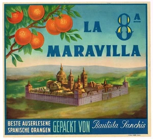 ORIGINAL ORANGE KISTE ETIKETT SPANISCH UM 1950 SPANIEN LA MARAVILLA SANCHIS DEUTSCH EX - Bild 1 von 1