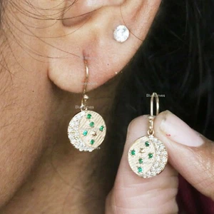 Half Crescent Diamond & Emerald Drop Hook Earrings 18k Solid Yellow Gold Jewelry - Picture 1 of 6