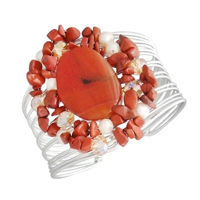 Brazalete ancho envolvente calcedonia piedra ovalada boho llamativo Foto 1 de 4