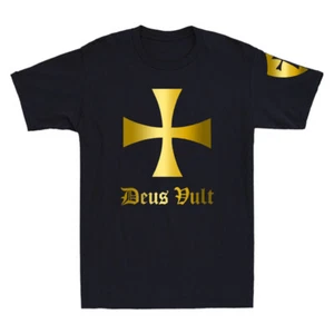 Deus Vult Knights Templar Cross Shirt Crusader Golden Print Novelty Mens T-Shirt - Picture 1 of 9
