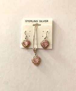Juego de collar y pendientes de plata de ley hechos a mano rosa ojo de gato - Imagen 1 de 4