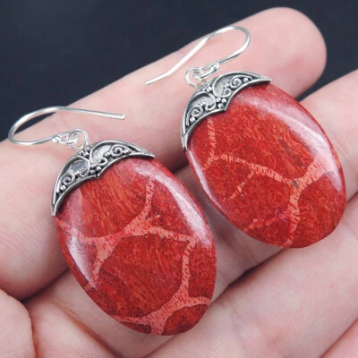 Orecchini in argento sterling 925 ovale corallo rosso naturale fatti a mano g... - Immagine 1 di 4