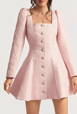 LoveShackFancy HAVERI MINI DRESS Light Pink Crystal Buttons Brocade Jaquard Sz 6 - Image 1 of 4