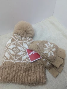 Holiday Time beige Schneeflocke Lametta Mütze mit Bommel Handschuhe Fäustlinge Erwachsenengröße - Bild 1 von 3